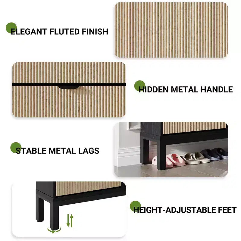 Meuble à chaussures cannelé GustoWave avec 4 tiroirs basculants, organisateur de chaussures étroit en bois avec pieds en métal, porte-chaussures moderne de style ferme avec rangement caché