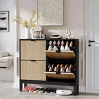 Meuble à chaussures cannelé GustoWave avec 4 tiroirs basculants, organisateur de chaussures étroit en bois avec pieds en métal, porte-chaussures moderne de style ferme avec rangement caché