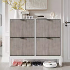 Meuble à chaussures cannelé GustoWave avec 4 tiroirs basculants, organisateur de chaussures étroit en bois avec pieds en métal, porte-chaussures moderne de style ferme avec rangement caché