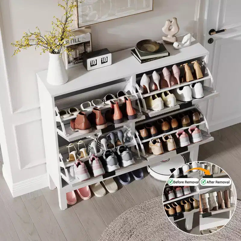Meuble à chaussures cannelé GustoWave avec 4 tiroirs basculants, organisateur de chaussures étroit en bois avec pieds en métal, porte-chaussures moderne de style ferme avec rangement caché