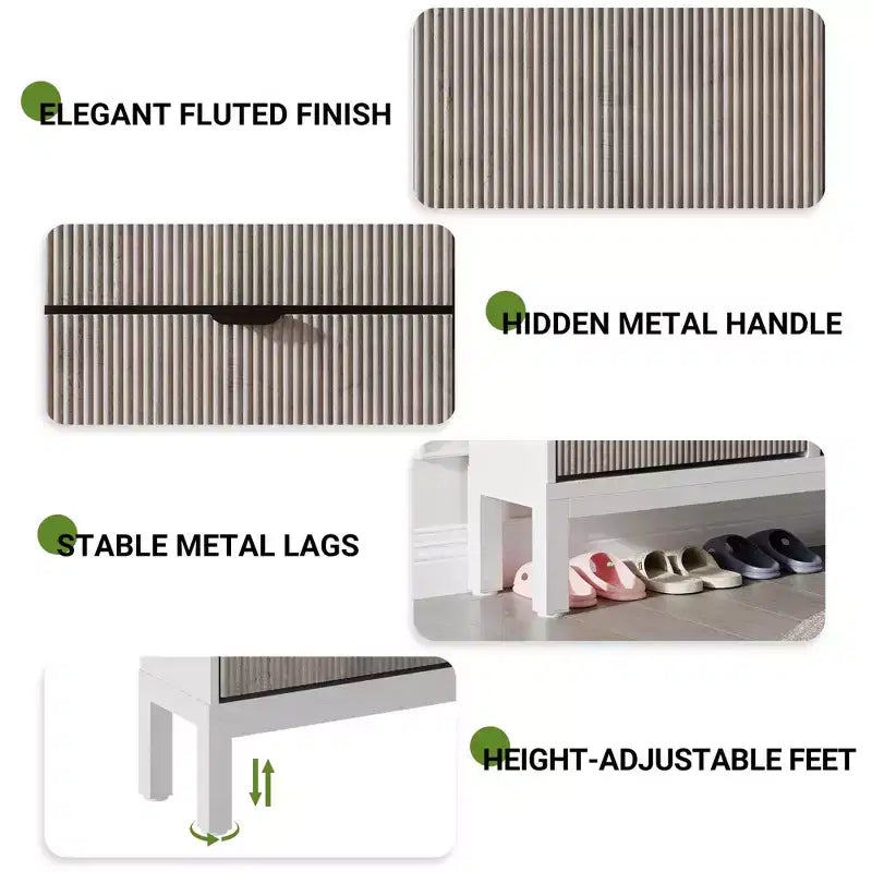 Meuble à chaussures cannelé GustoWave avec 4 tiroirs basculants, organisateur de chaussures étroit en bois avec pieds en métal, porte-chaussures moderne de style ferme avec rangement caché