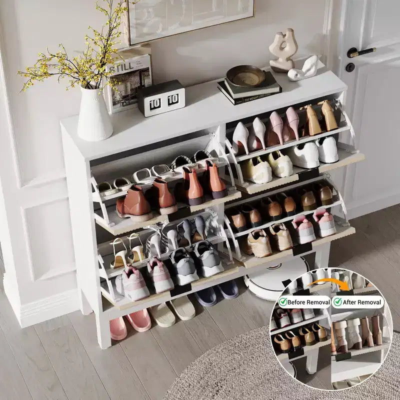 Meuble à chaussures cannelé GustoWave avec 4 tiroirs basculants, organisateur de chaussures étroit en bois avec pieds en métal, porte-chaussures moderne de style ferme avec rangement caché