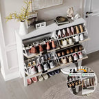 Meuble à chaussures cannelé GustoWave avec 4 tiroirs basculants, organisateur de chaussures étroit en bois avec pieds en métal, porte-chaussures moderne de style ferme avec rangement caché