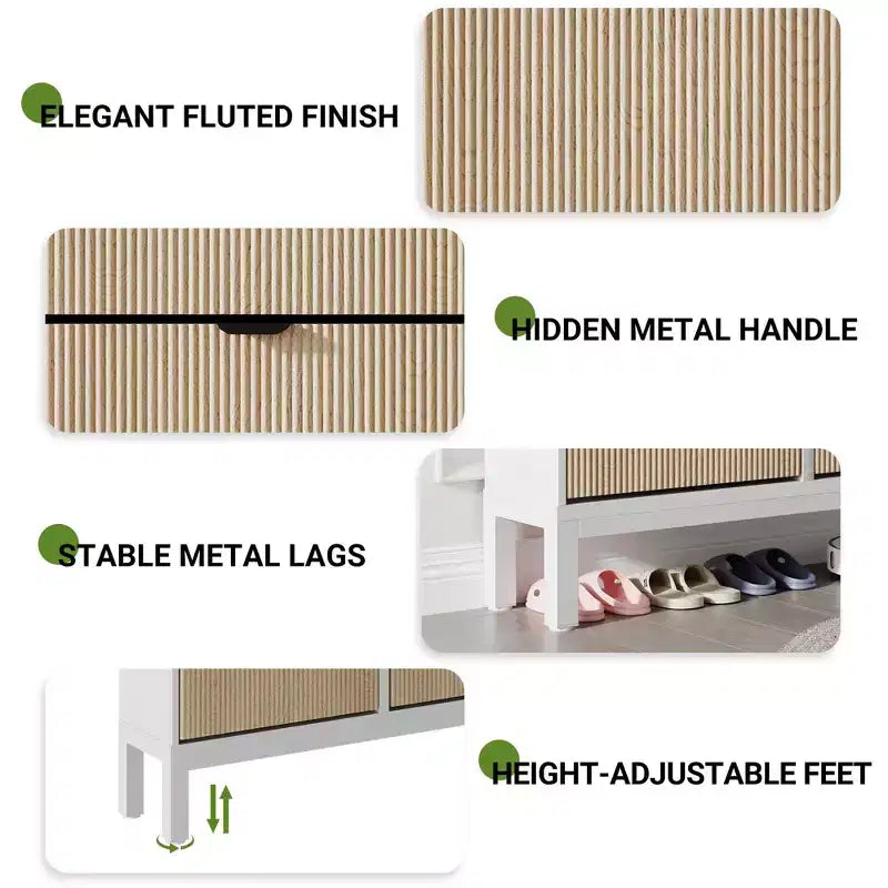 Meuble à chaussures cannelé GustoWave avec 4 tiroirs basculants, organisateur de chaussures étroit en bois avec pieds en métal, porte-chaussures moderne de style ferme avec rangement caché
