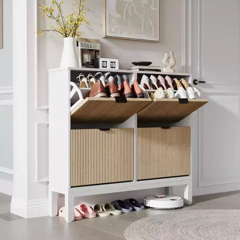 GustoWave Fluted Shoe Storage Cabinet with 4 Flip Drawers, Narrow Wooden Shoe Organizer with Metal Legs, Modern Farmhouse Hidden Shoe Rack
