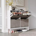 Meuble à chaussures cannelé GustoWave avec 4 tiroirs basculants, organisateur de chaussures étroit en bois avec pieds en métal, porte-chaussures moderne de style ferme avec rangement caché