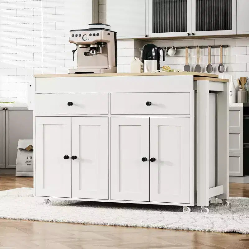 Îlot de cuisine CLIHOME avec table à manger extensible, chariot de rangement de cuisine roulant avec étagère à épices et 2 tiroirs