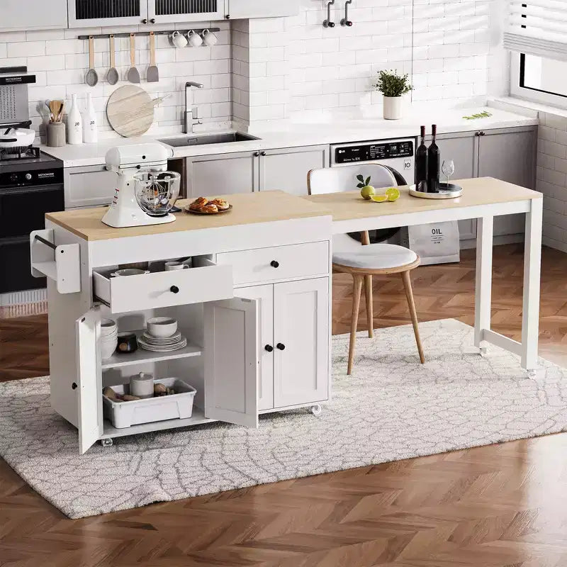 Îlot de cuisine CLIHOME avec table à manger extensible, chariot de rangement de cuisine roulant avec étagère à épices et 2 tiroirs