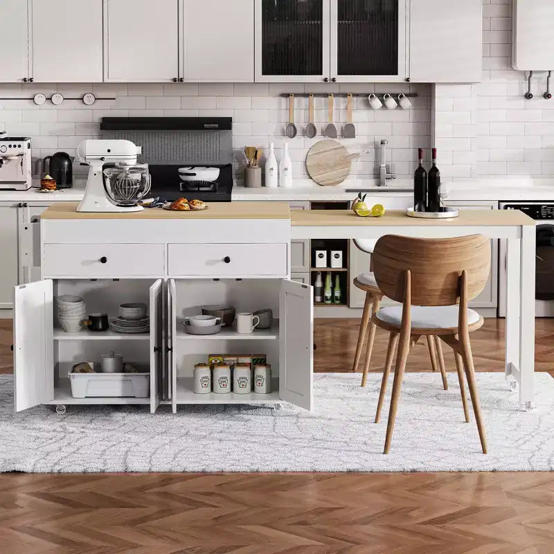 Îlot de cuisine CLIHOME avec table à manger extensible, chariot de rangement de cuisine roulant avec étagère à épices et 2 tiroirs