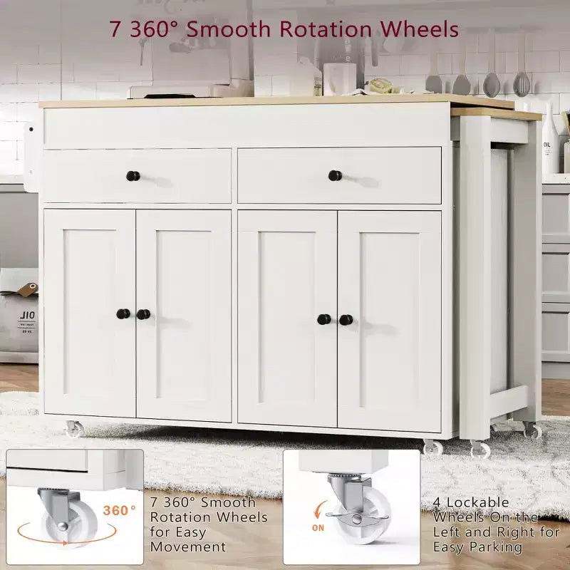 Îlot de cuisine CLIHOME avec table à manger extensible, chariot de rangement de cuisine roulant avec étagère à épices et 2 tiroirs