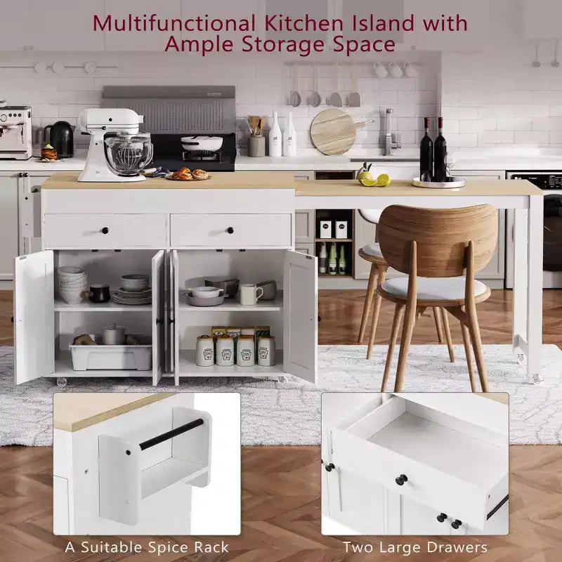 Îlot de cuisine CLIHOME avec table à manger extensible, chariot de rangement de cuisine roulant avec étagère à épices et 2 tiroirs