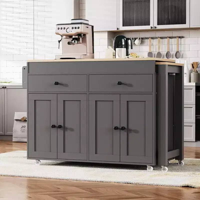 Îlot de cuisine CLIHOME avec table à manger extensible, chariot de rangement de cuisine roulant avec étagère à épices et 2 tiroirs