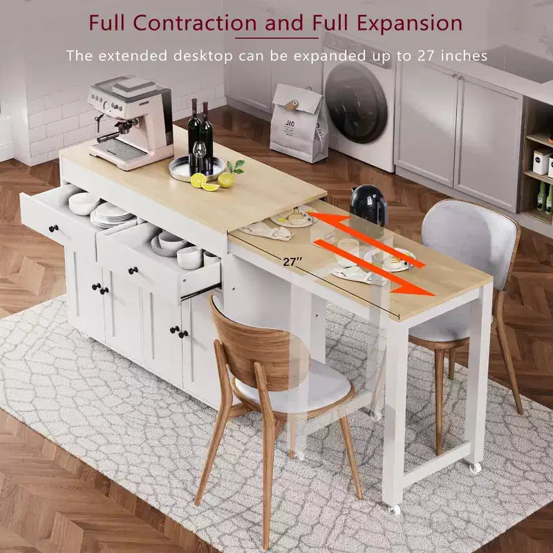 Îlot de cuisine CLIHOME avec table à manger extensible, chariot de rangement de cuisine roulant avec étagère à épices et 2 tiroirs