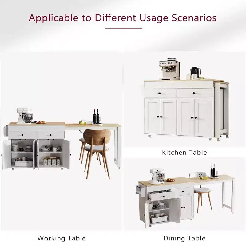 Îlot de cuisine CLIHOME avec table à manger extensible, chariot de rangement de cuisine roulant avec étagère à épices et 2 tiroirs