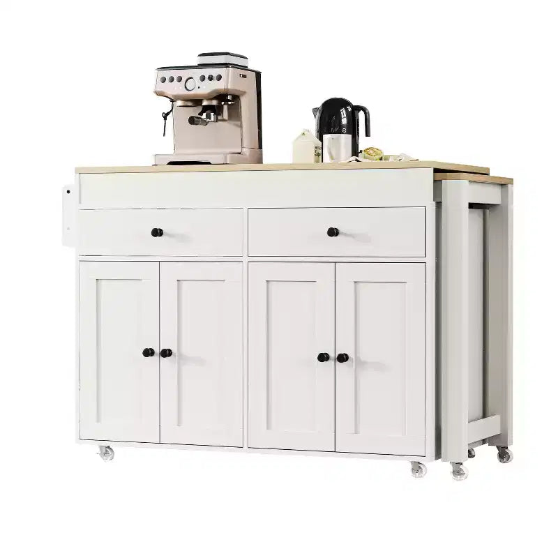 Îlot de cuisine CLIHOME avec table à manger extensible, chariot de rangement de cuisine roulant avec étagère à épices et 2 tiroirs
