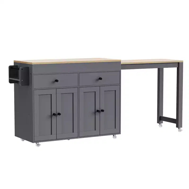 Îlot de cuisine CLIHOME avec table à manger extensible, chariot de rangement de cuisine roulant avec étagère à épices et 2 tiroirs