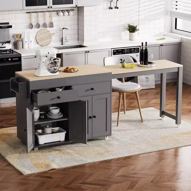 Îlot de cuisine CLIHOME avec table à manger extensible, chariot de rangement de cuisine roulant avec étagère à épices et 2 tiroirs