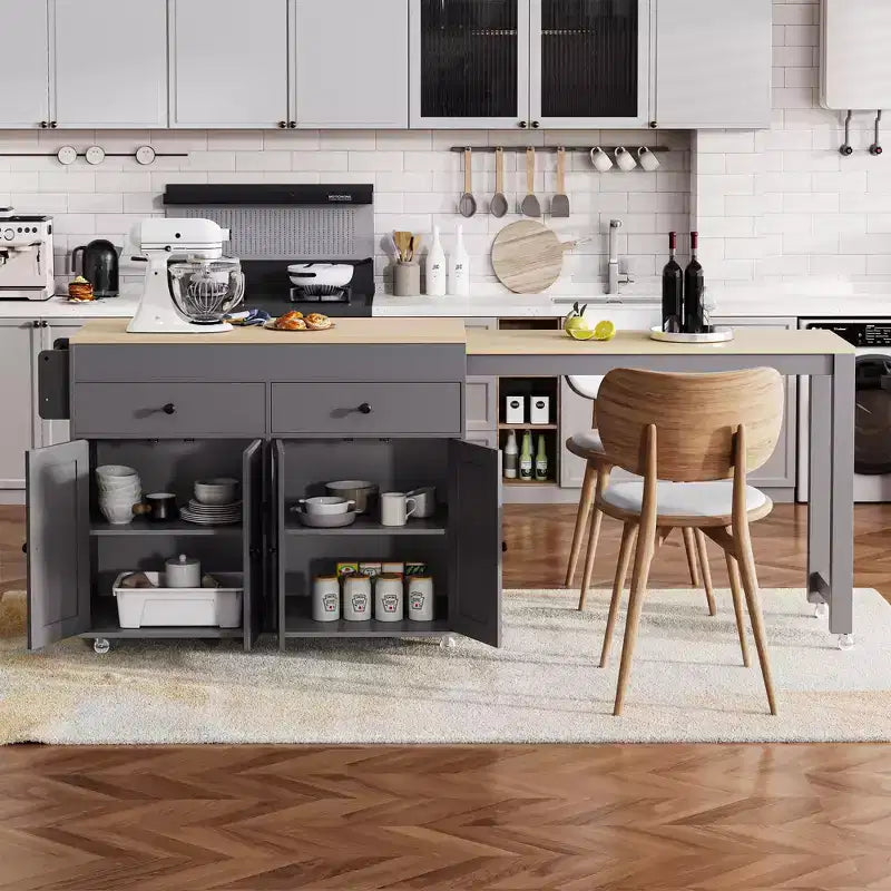 Îlot de cuisine CLIHOME avec table à manger extensible, chariot de rangement de cuisine roulant avec étagère à épices et 2 tiroirs