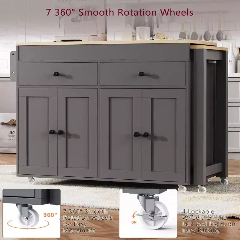 Îlot de cuisine CLIHOME avec table à manger extensible, chariot de rangement de cuisine roulant avec étagère à épices et 2 tiroirs