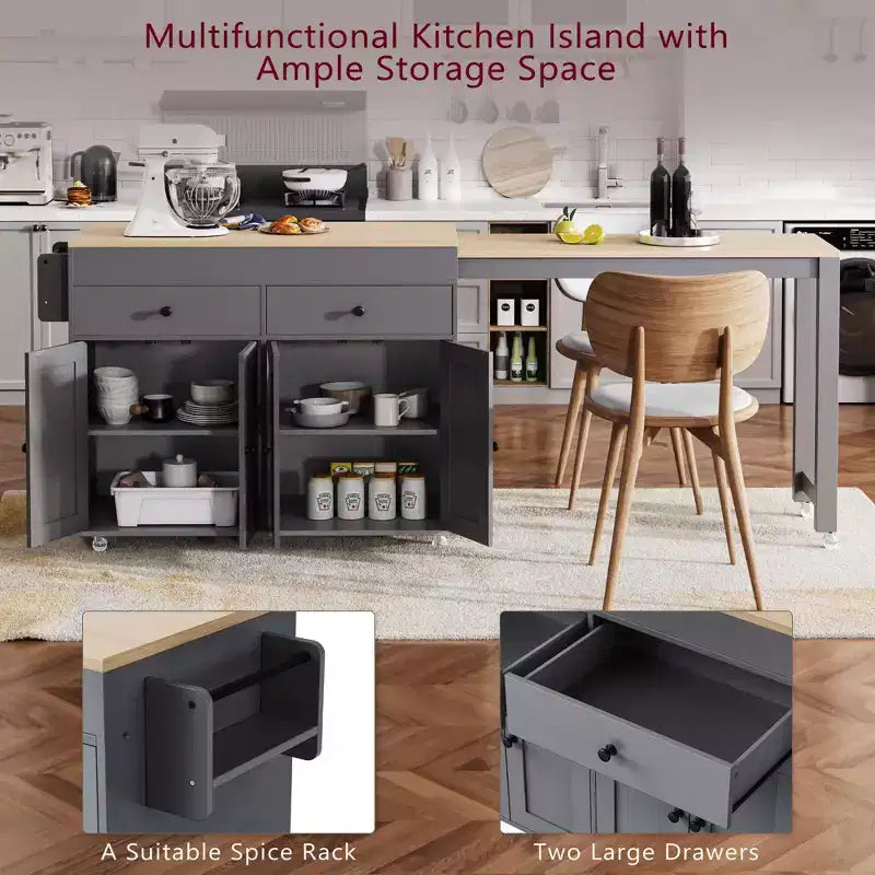 Îlot de cuisine CLIHOME avec table à manger extensible, chariot de rangement de cuisine roulant avec étagère à épices et 2 tiroirs