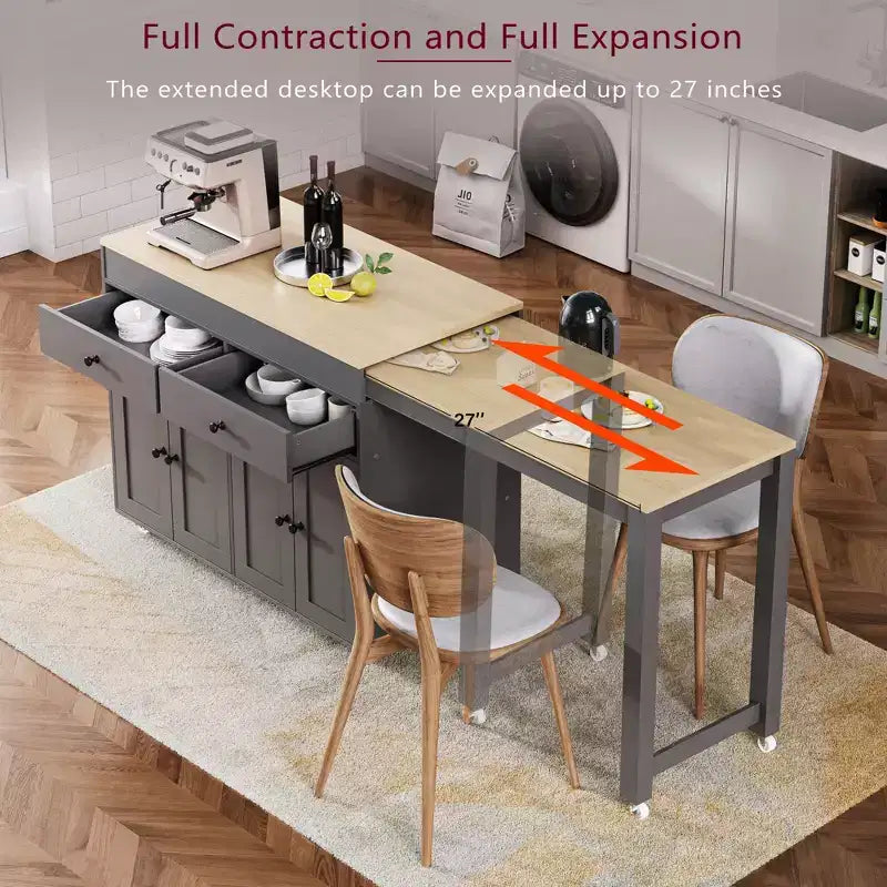 Îlot de cuisine CLIHOME avec table à manger extensible, chariot de rangement de cuisine roulant avec étagère à épices et 2 tiroirs