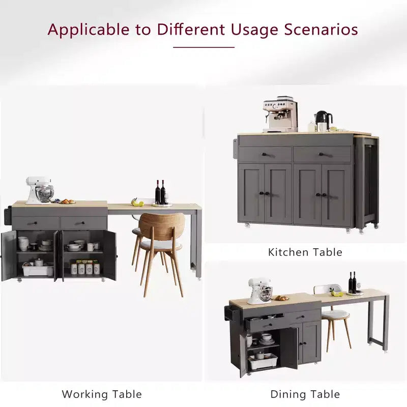 Îlot de cuisine CLIHOME avec table à manger extensible, chariot de rangement de cuisine roulant avec étagère à épices et 2 tiroirs