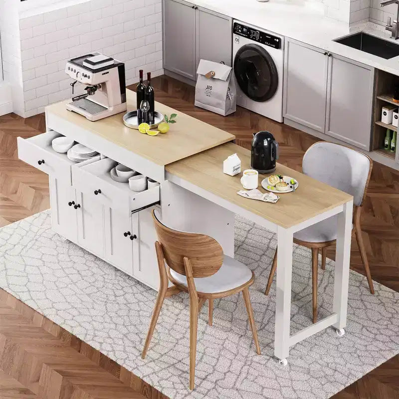 Îlot de cuisine CLIHOME avec table à manger extensible, chariot de rangement de cuisine roulant avec étagère à épices et 2 tiroirs