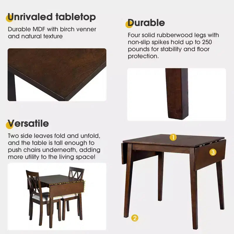 Table à manger extensible rectangulaire Okak avec pieds en bois d'hévéa, table de cuisine pour 4, table pliante pour cuisine, salle à manger