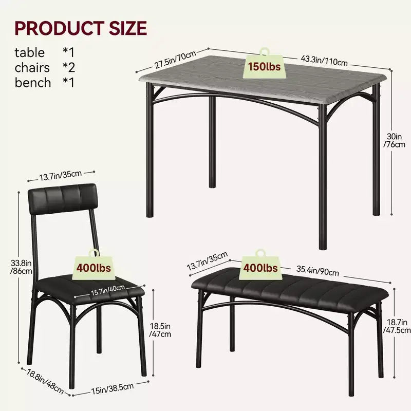 Ensemble table et 4 chaises de salle à manger, table de cuisine avec 4 chaises, ensemble table à manger rectangulaire en bois avec banc rembourré pour petit espace, appartement