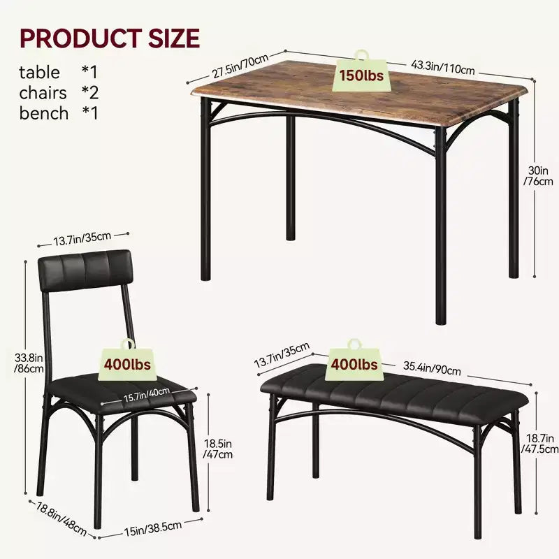 Ensemble table et 4 chaises de salle à manger, table de cuisine avec 4 chaises, ensemble table à manger rectangulaire en bois avec banc rembourré pour petit espace, appartement