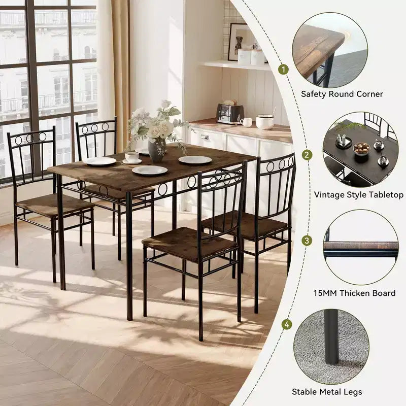 Ensemble de salle à manger Dyonery 5 pièces, table et chaises de cuisine en bois pour petit espace, coin-repas
