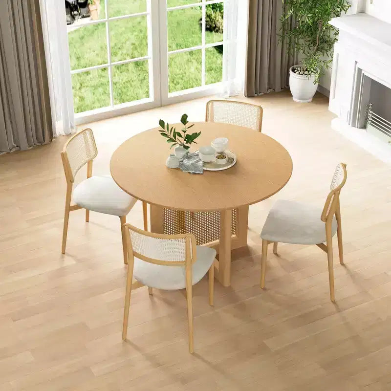 Table à manger ronde en rotin couleur bois de 117 cm pour 4 à 6 personnes, idéale pour la salle à manger et le salon
