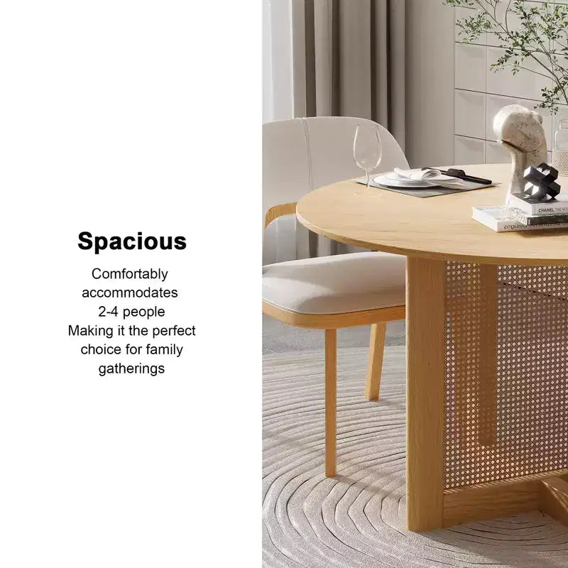 Table à manger ronde en rotin couleur bois de 117 cm pour 4 à 6 personnes, idéale pour la salle à manger et le salon