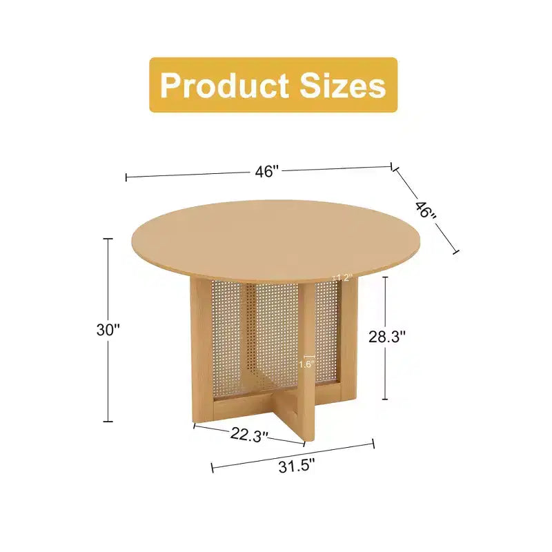 Table à manger ronde en rotin couleur bois de 117 cm pour 4 à 6 personnes, idéale pour la salle à manger et le salon