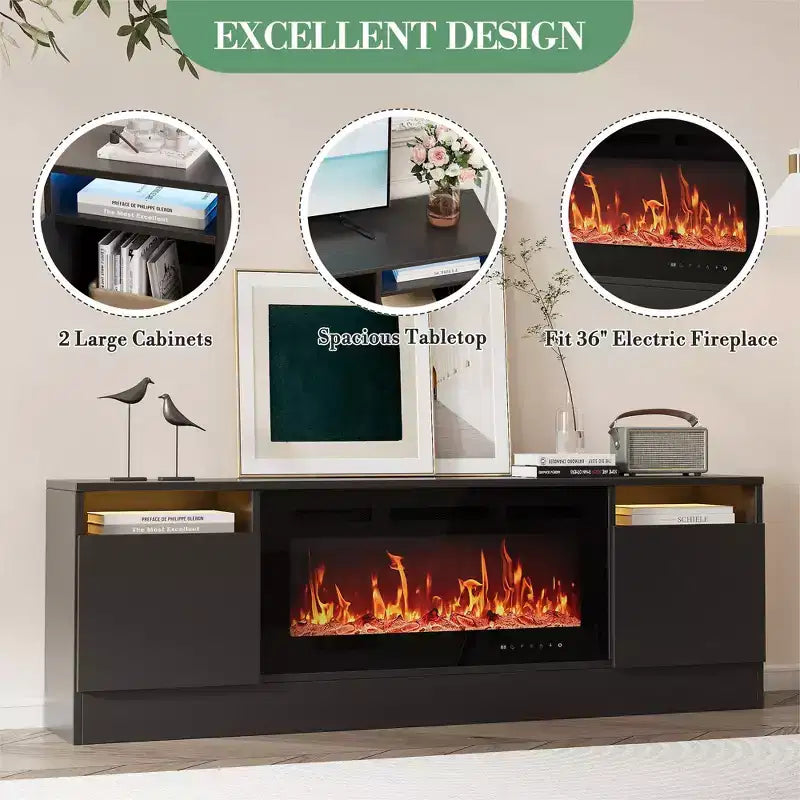 Meuble TV moderne avec rangement - Compatible avec les cheminées électriques de 36 pouces