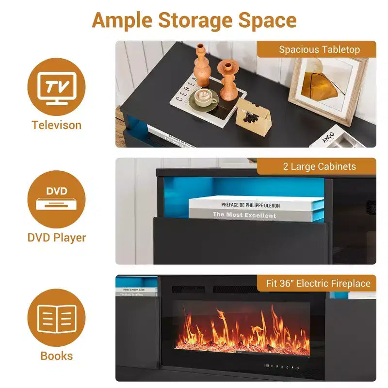 Meuble TV moderne avec rangement - Compatible avec les cheminées électriques de 36 pouces