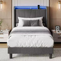 King LED Bed Frame with Charging Station, Upholstered Platform Bed Frame with Headboard, Wood Slats Support, Under Bed Storage, No Box Spring Needed