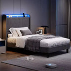 Cadre de lit King LED avec station de recharge, cadre de lit plateforme tapissé avec tête de lit, support à lattes en bois, rangement sous le lit, pas besoin de sommier tapissier