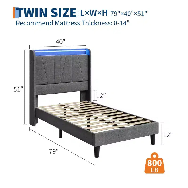 Cadre de lit King LED avec station de recharge, cadre de lit plateforme tapissé avec tête de lit, support à lattes en bois, rangement sous le lit, pas besoin de sommier tapissier