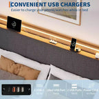 Cadre de lit King LED avec station de recharge, cadre de lit plateforme tapissé avec tête de lit, support à lattes en bois, rangement sous le lit, pas besoin de sommier tapissier