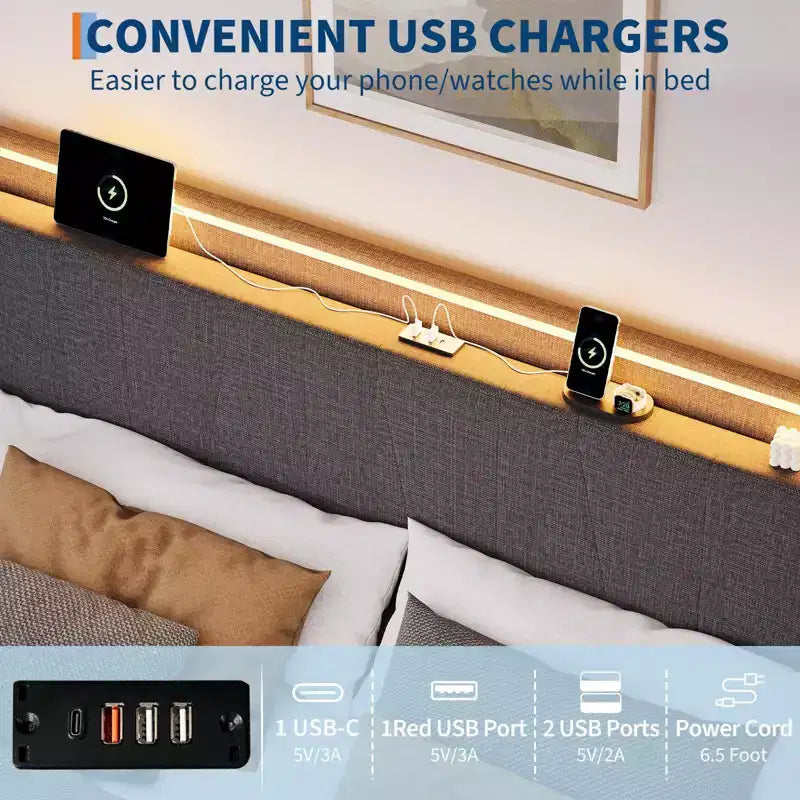 Cadre de lit King LED avec station de recharge, cadre de lit plateforme tapissé avec tête de lit, support à lattes en bois, rangement sous le lit, pas besoin de sommier tapissier