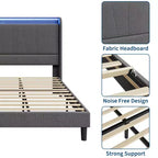 Cadre de lit King LED avec station de recharge, cadre de lit plateforme tapissé avec tête de lit, support à lattes en bois, rangement sous le lit, pas besoin de sommier tapissier