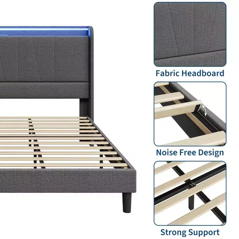 Cadre de lit King LED avec station de recharge, cadre de lit plateforme tapissé avec tête de lit, support à lattes en bois, rangement sous le lit, pas besoin de sommier tapissier