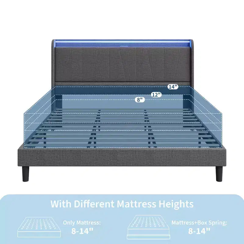 Cadre de lit King LED avec station de recharge, cadre de lit plateforme tapissé avec tête de lit, support à lattes en bois, rangement sous le lit, pas besoin de sommier tapissier