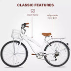 hykolity Vélo de Ville 26 pouces, Vélo de Plage, Vélo de Cyclisme 7 Vitesses pour Adulte, Panier Avant, Porte-Bagages Arrière, Multicolore