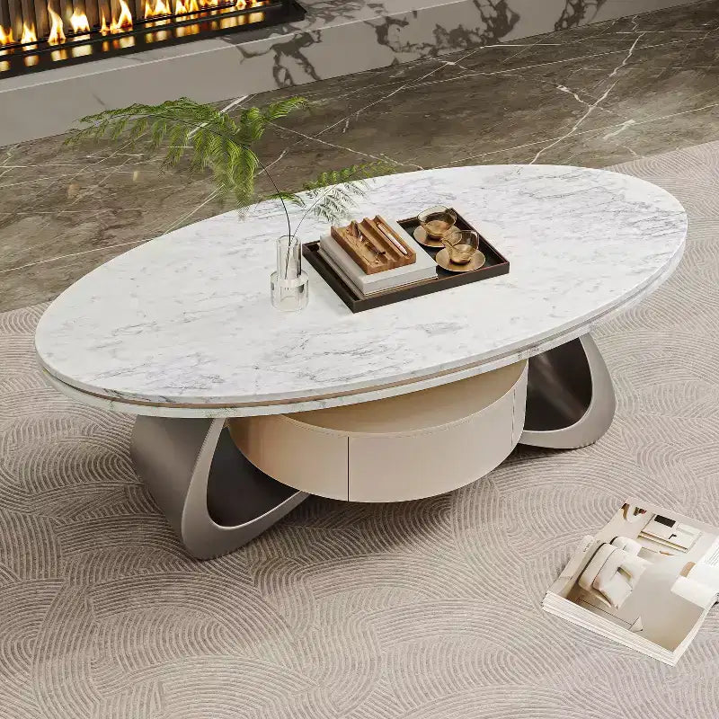 ATJafurn 47.2'' Oval Modern Coffee Table Luxury Faux Marble Top Stainless Steel Base