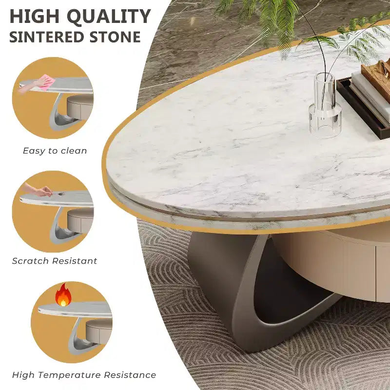 ATJafurn Table basse ovale moderne de 120 cm avec plateau en faux marbre de luxe et base en acier inoxydable