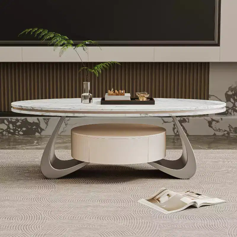 ATJafurn Table basse ovale moderne de 120 cm avec plateau en faux marbre de luxe et base en acier inoxydable