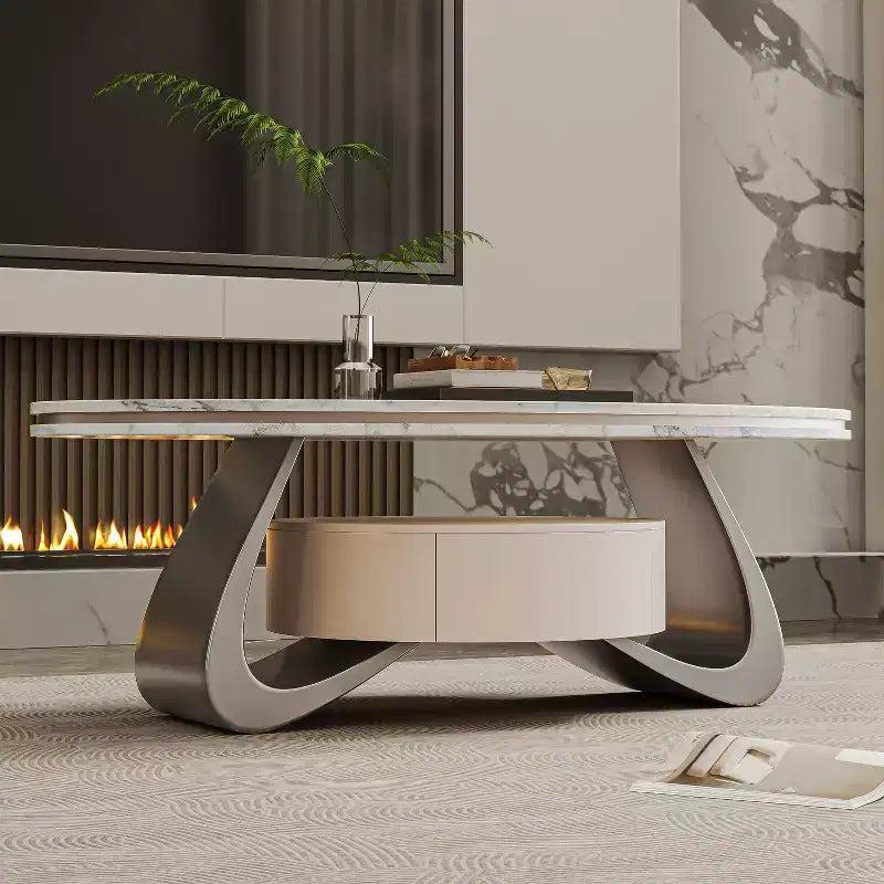 ATJafurn Table basse ovale moderne de 120 cm avec plateau en faux marbre de luxe et base en acier inoxydable