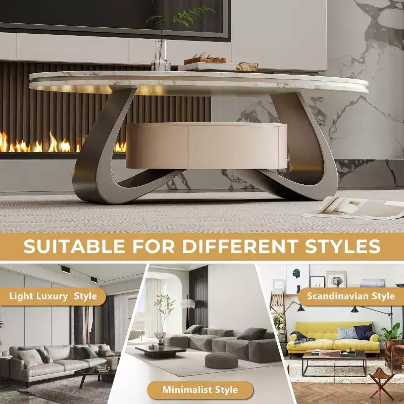 ATJafurn Table basse ovale moderne de 120 cm avec plateau en faux marbre de luxe et base en acier inoxydable